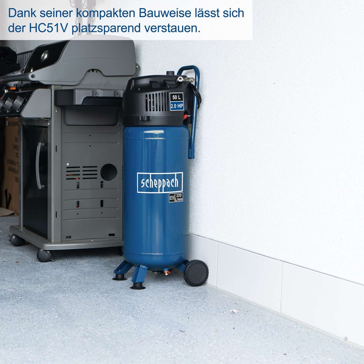Der Scheppach Kompressor HC51V ist platzsparend und kompakt. Er hat einen 50L Kessel und eine Leistung von 2,0 HP. Der Kompressor ist ölfrei und wartungsarm.