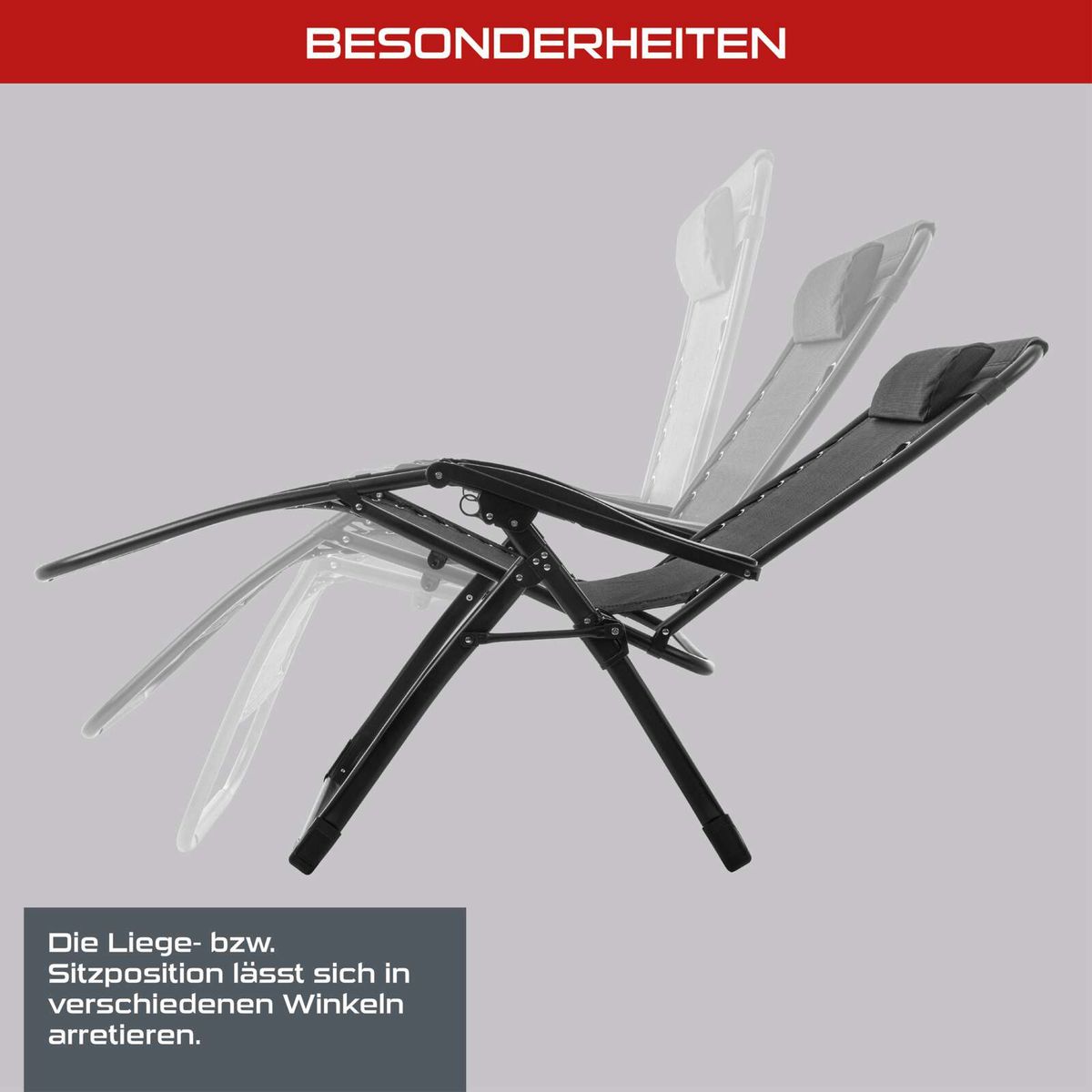 Klappbare Gartenliege mit verstellbaren Liege- und Sitzpositionen in verschiedenen Winkeln