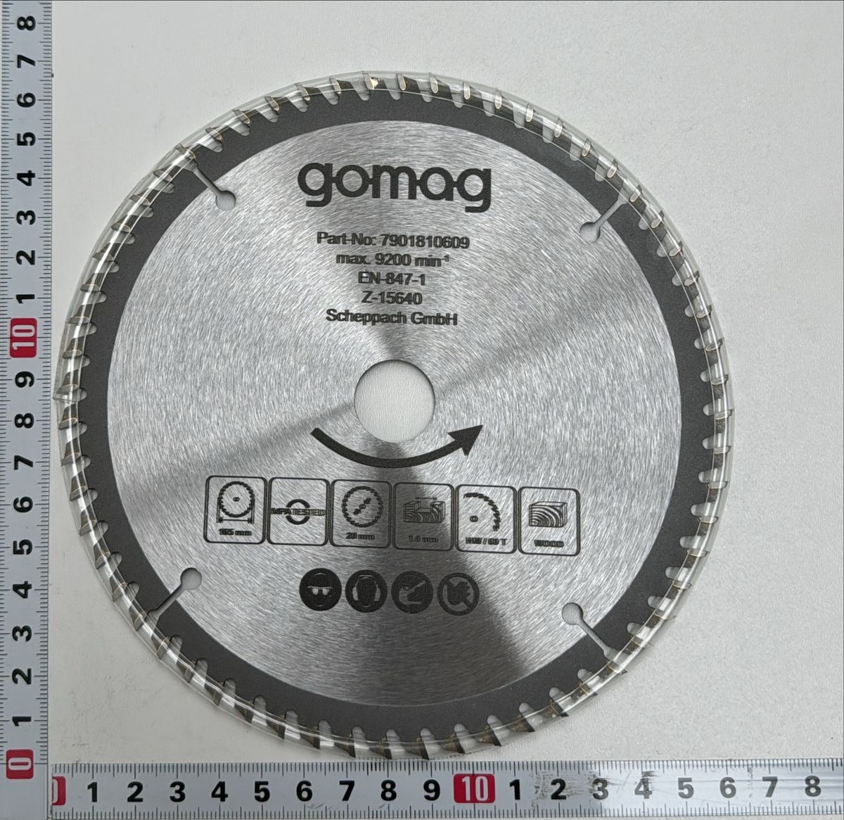 Scheppach-Kreissägeblatt mit Teilenummer 7901810609, Markierung für verschiedene Schneidstärken