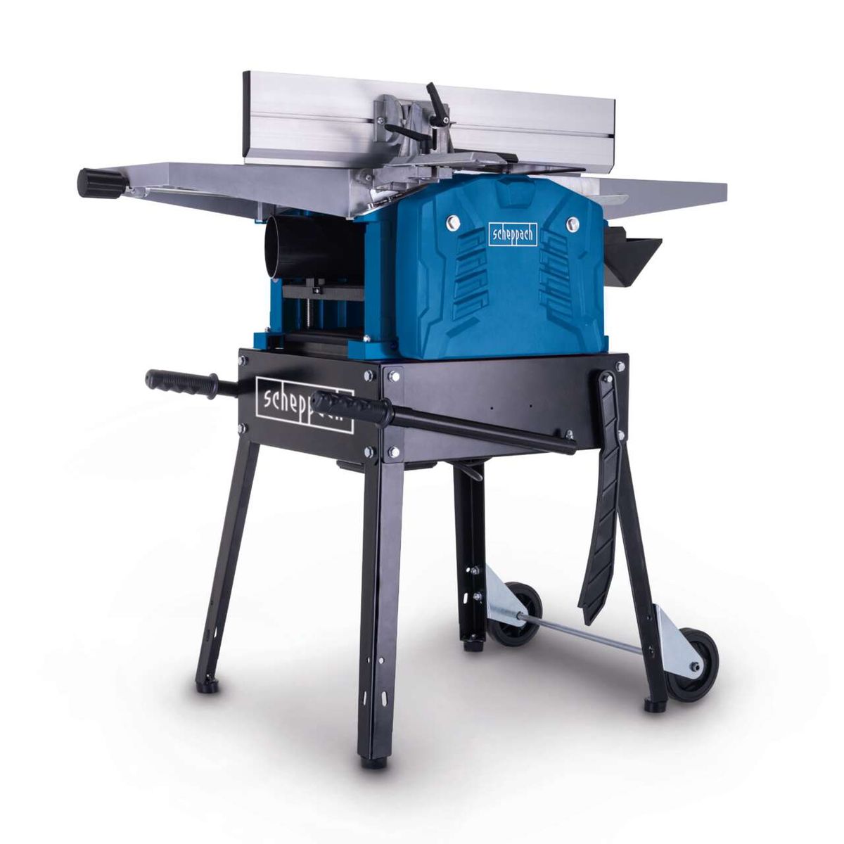 Abricht- & Dickenhobel HMS1500 Scheppach mit 2200W, 230V, 260mm Hobelbreite und 160mm Durchlasshöhe. Inkl. fahrbares Untergestell für einfache Mobilität. Ideal für präzises Hobeln und Abrichten.