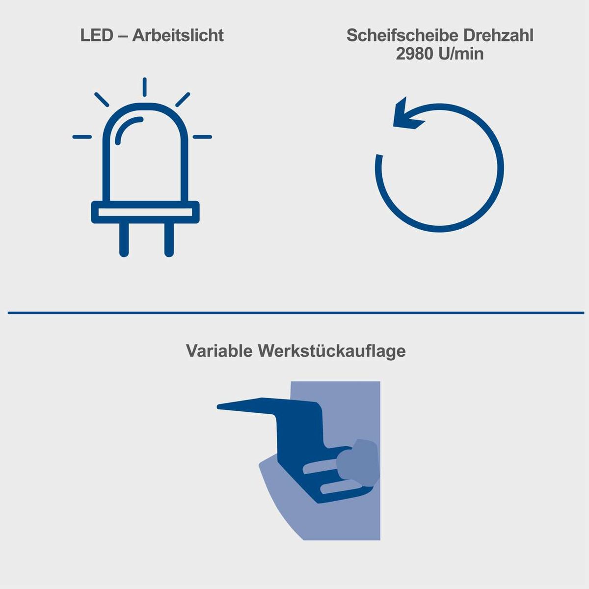 Der Doppelschleifer SM200AL von Scheppach verfügt über eine LED-Arbeitslicht, eine Scheibe mit einer Drehzahl von 2980 U/min und eine variable Werkstückauflage.