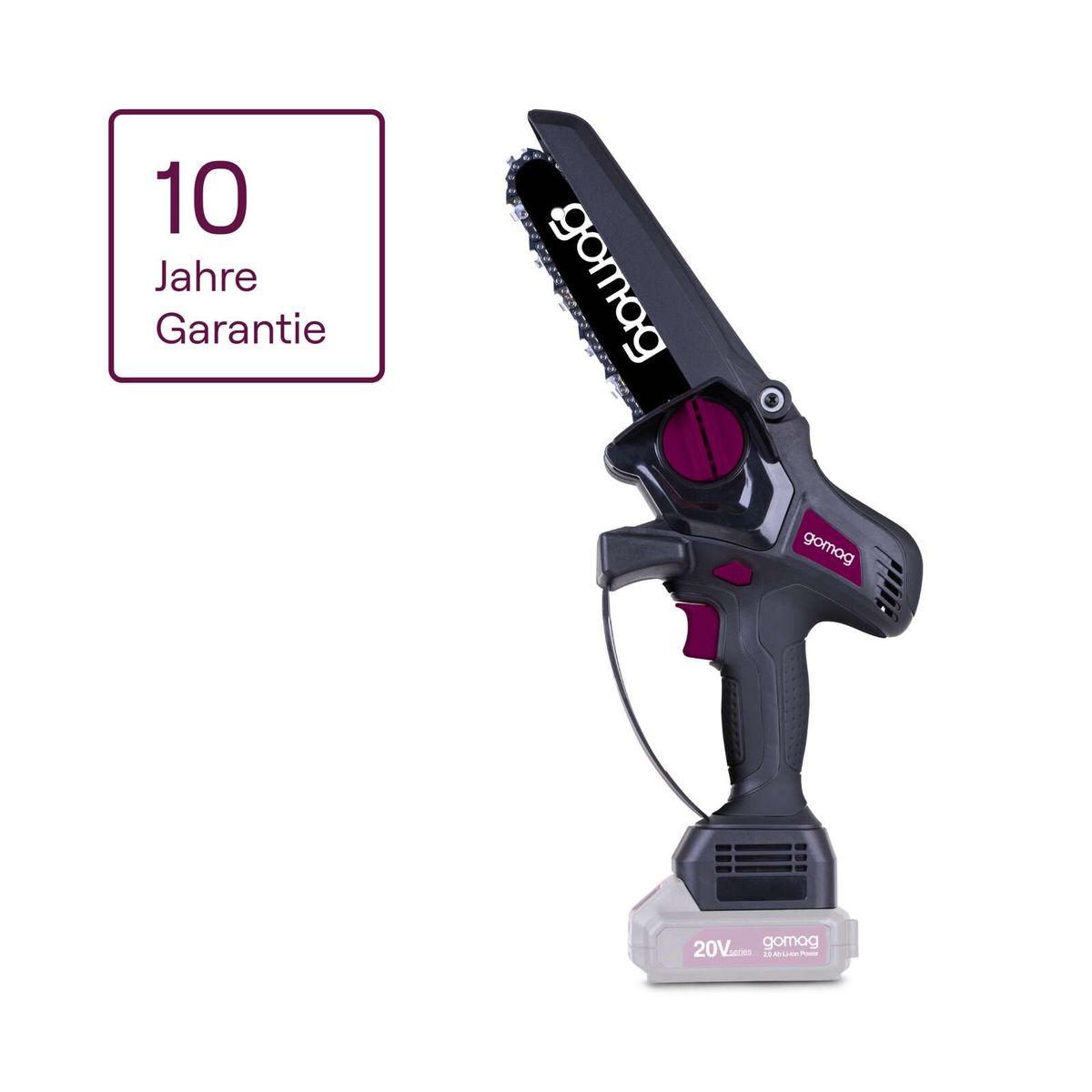 Der Akku-Gehölzschneider GO-GS150 gomag bietet eine 10 Jahre Garantie. Das Gerät ist mit einem 20V Akku ausgestattet und gehört zur gomag Serie.