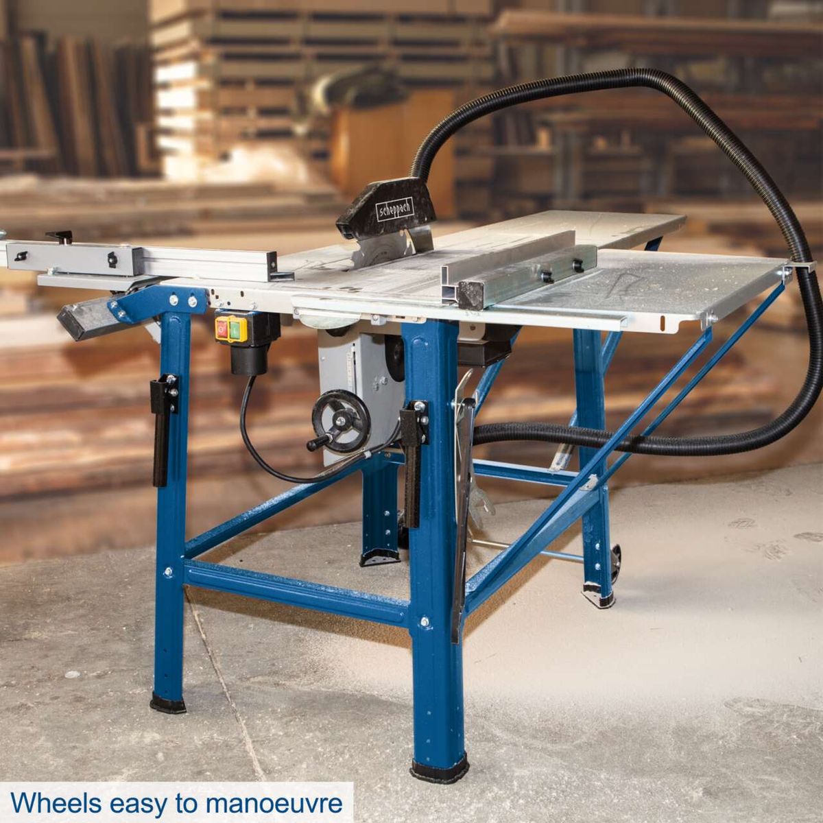 The TS310 table saw by Scheppach features easy-to-manoeuvre wheels for simple movement. It has a cutting height of 83mm, a sliding table and 2 saw blades including an extension.