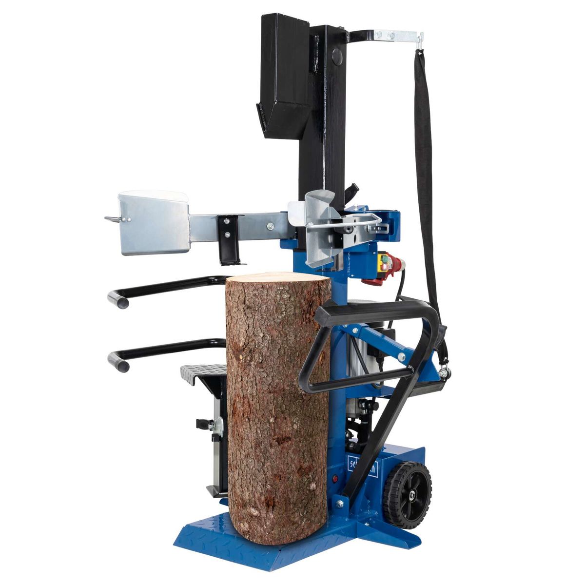 Holzspalter mit Standfuß für präzise Spaltung von Meterholz, inkl. Messsystem