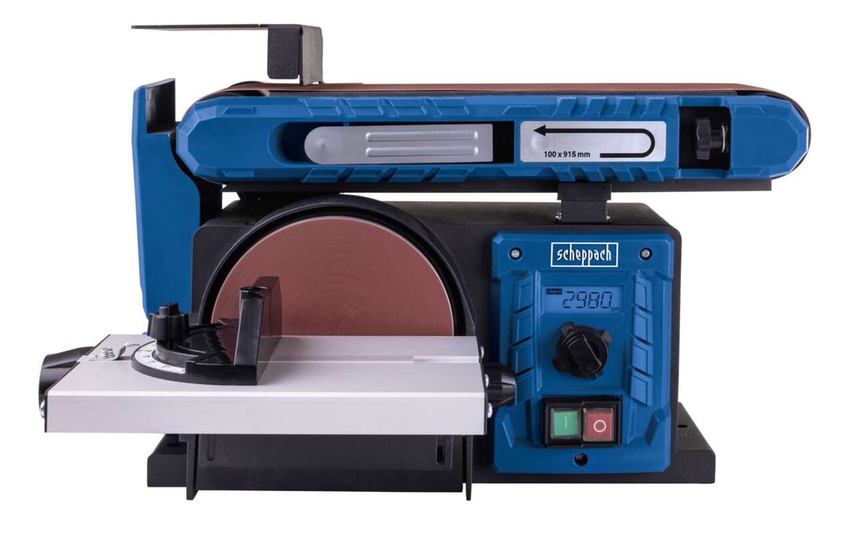 Scheppach-Handscheibe mit 200 mm Scheibe, Modell 2980, mit digitaler Drehzahlanzeige und Ein-/Ausschalter.