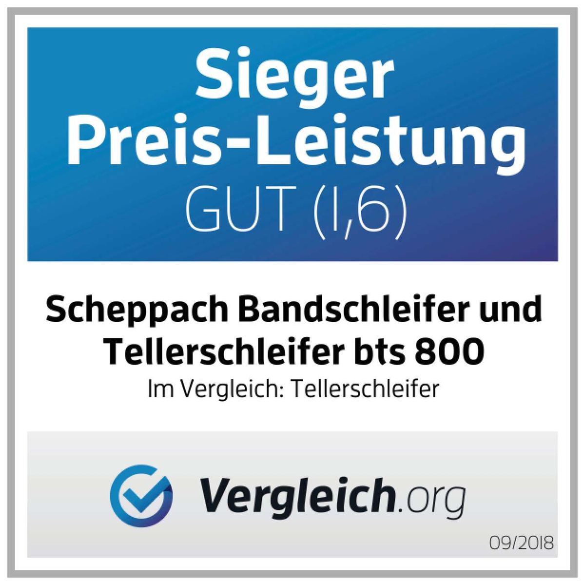 Sieger Preis-Leistung GUT (1,6) für Scheppach Bandschleifer und Tellerschleifer bts 800. Vergleich.org 09/2018.