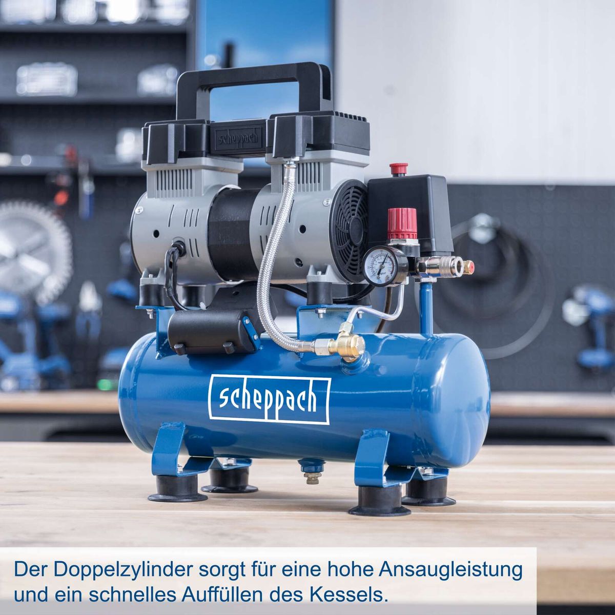 Doppelzylinder-Kompressor mit hoher Ansaugleistung und schnellem Auffüllen des Kessels
