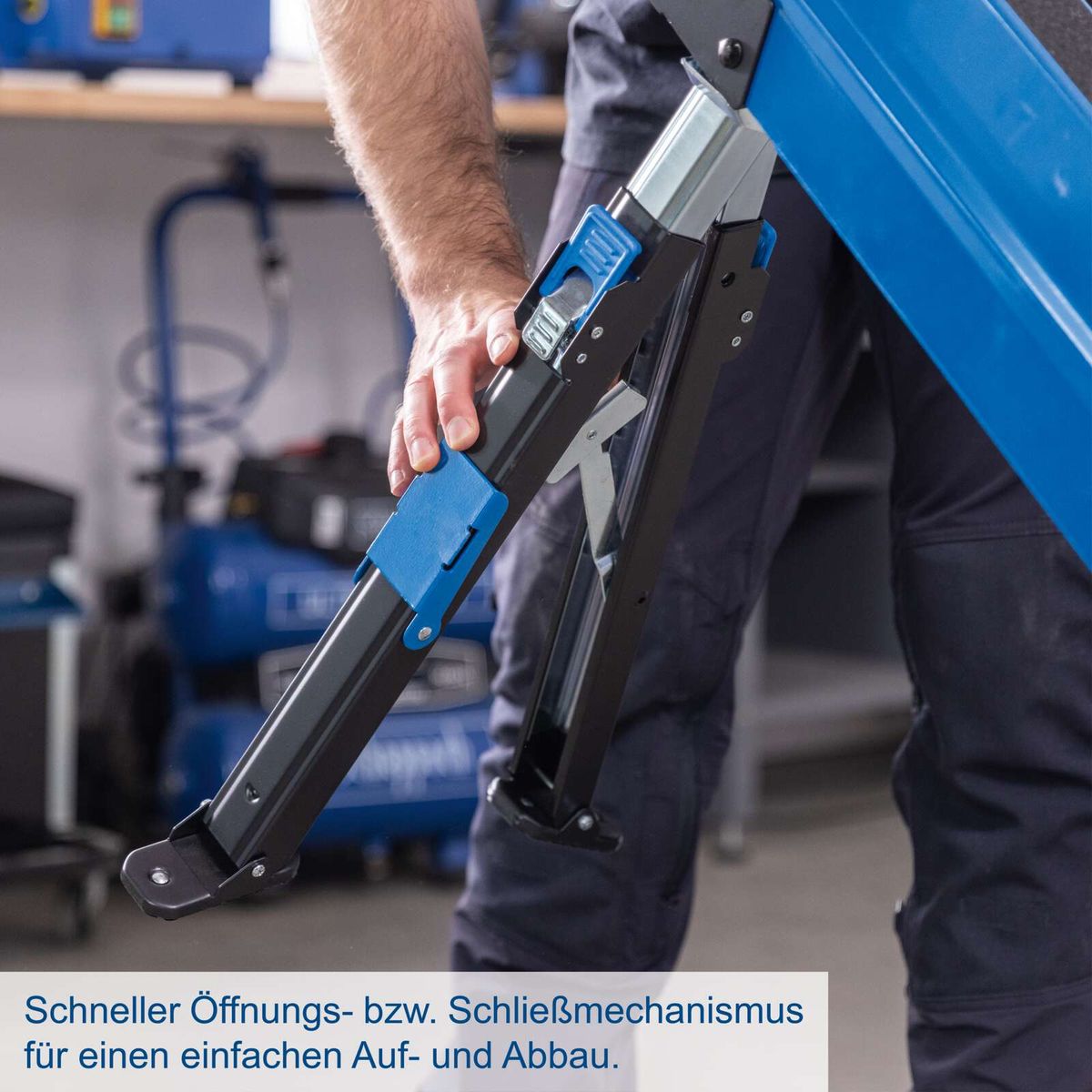Schnellöffnungsmechanismus für einfache Auf- und Abbau von Werkbänken