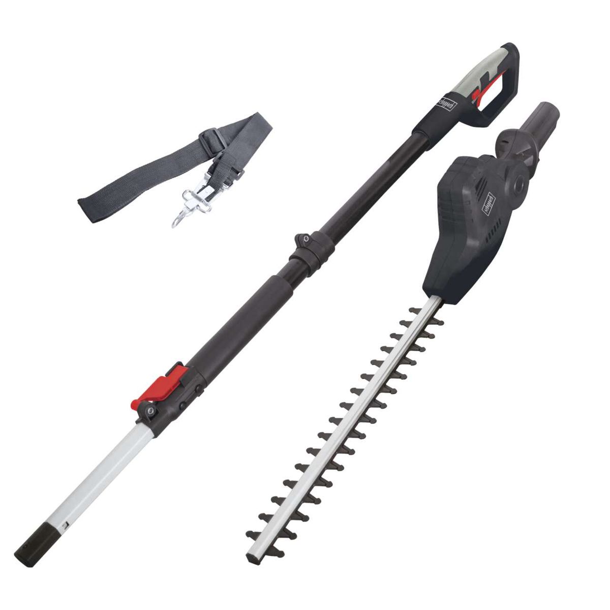 Die Heckenschere TPH500 von Scheppach verfügt über einen Teleskopgriff für einfache Höhenverstellung und einen Schultergurt für bequemen Transport. Sie hat eine 500W starke Motorleistung und ist für den Betrieb mit 230-240V 50Hz ausgelegt.