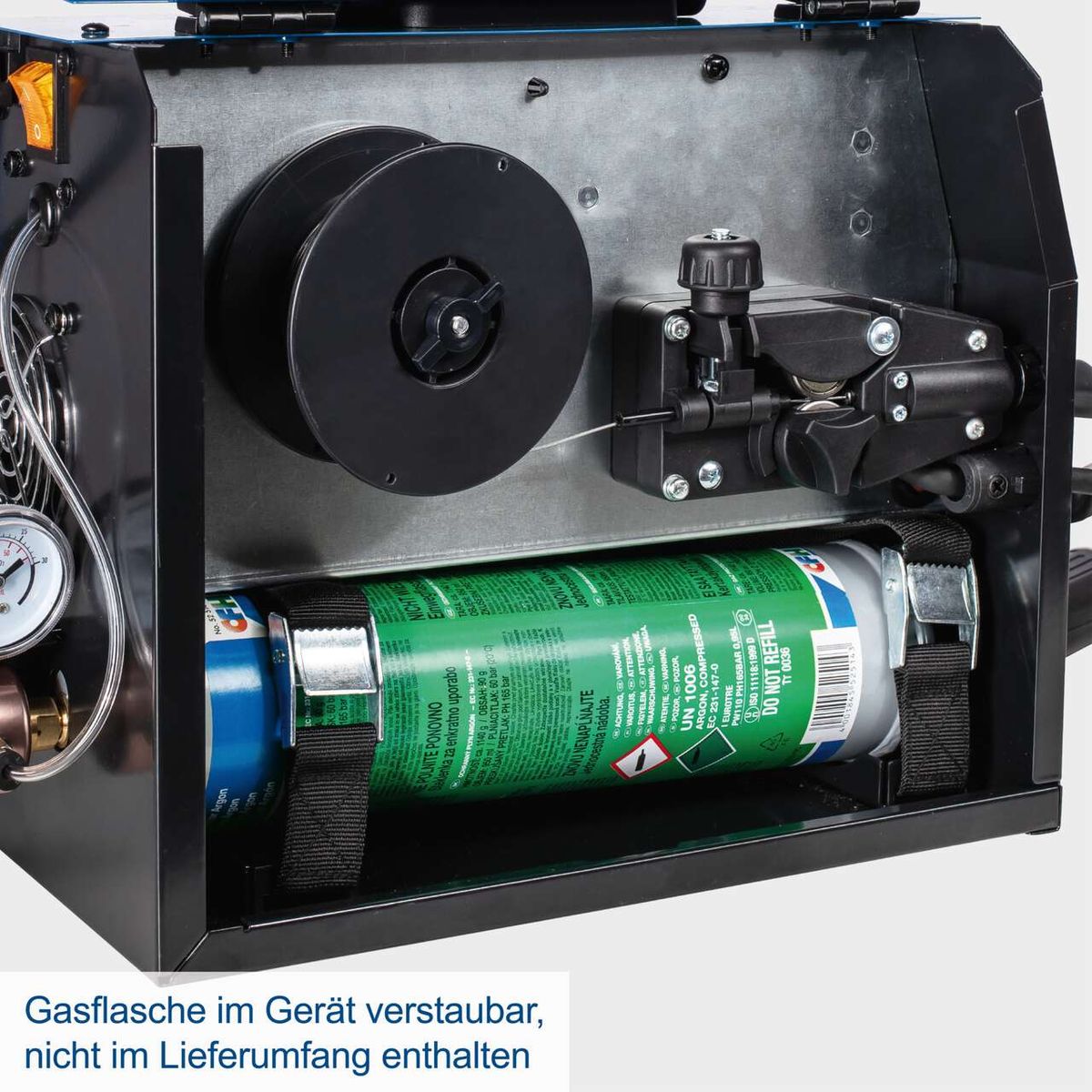 Das Multischweißgerät WSE4000-Multi von Scheppach bietet praktischen Stauraum für eine Gasflasche, die jedoch nicht im Lieferumfang enthalten ist.