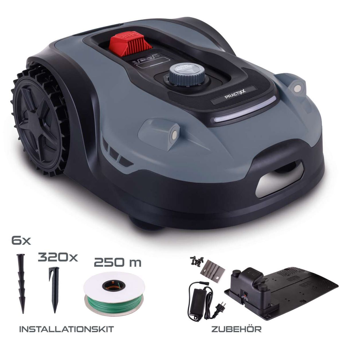 Mähroboter PX-RRM-2000Wi Practixx mit Installationskit: 6x Nägel, 320x Begrenzungsnadeln, 250m Begrenzungskabel und Zubehör wie Ladegerät und Steuerbox.