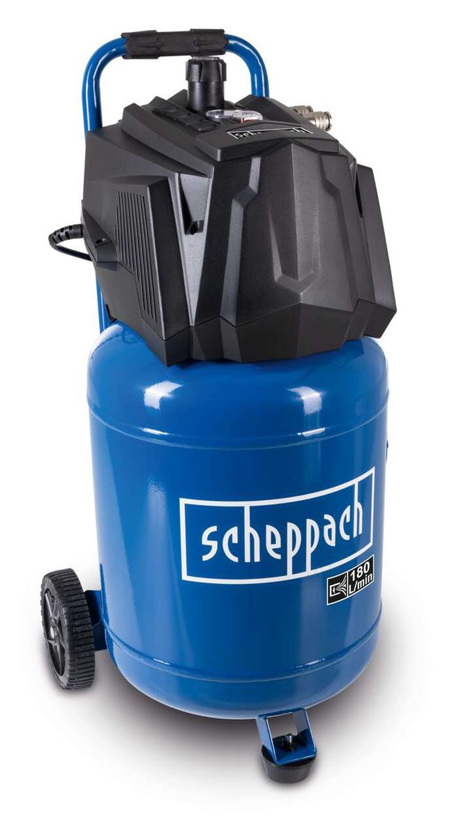 Scheppach Kompressor HC35V, frontalansicht, mit Griff und Rädern, 1500W, 10bar, ölfrei und wartungsarm, 180 L/min Ansaugleistung.
