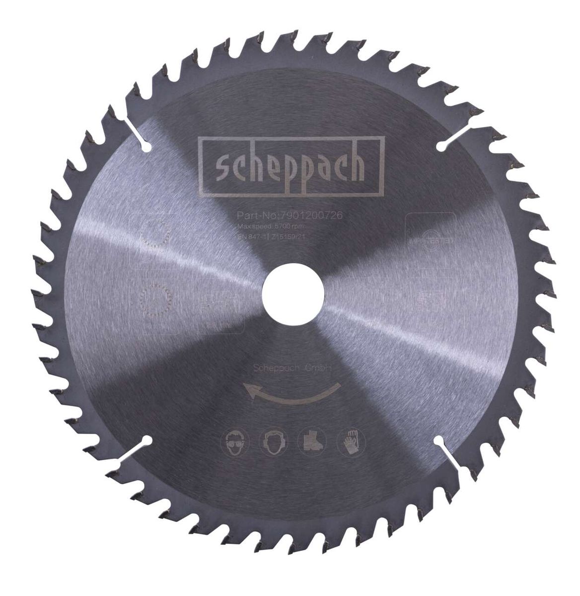 Scheppach Kreissägeblatt mit 48 Zähnen, Teilenummer 7901200726, Maximalgeschwindigkeit 5700 U/min, Ansicht von vorne.