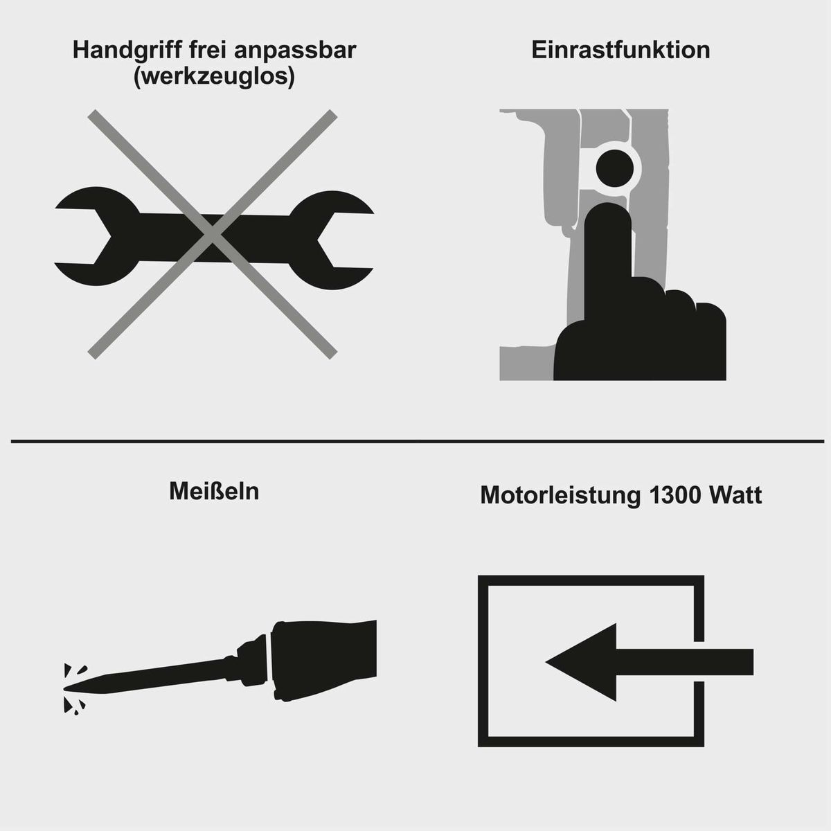 Handgriff werkzeuglos frei anpassbar, Einrastfunktion, Meißeln, Motorleistung 1300 Watt
