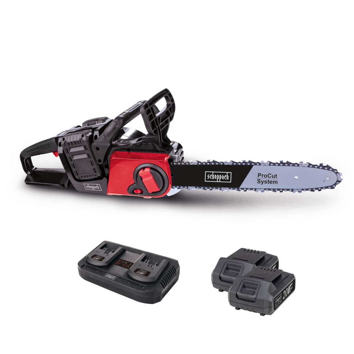 Akku-Kettensäge BCHS350-ProS Duo Scheppach mit 40V, 14" Schwert und 33cm Schnittdurchmesser. Inklusive 2x 2Ah Akku und Doppelladegerät. ProCut System für präzises Schneiden.