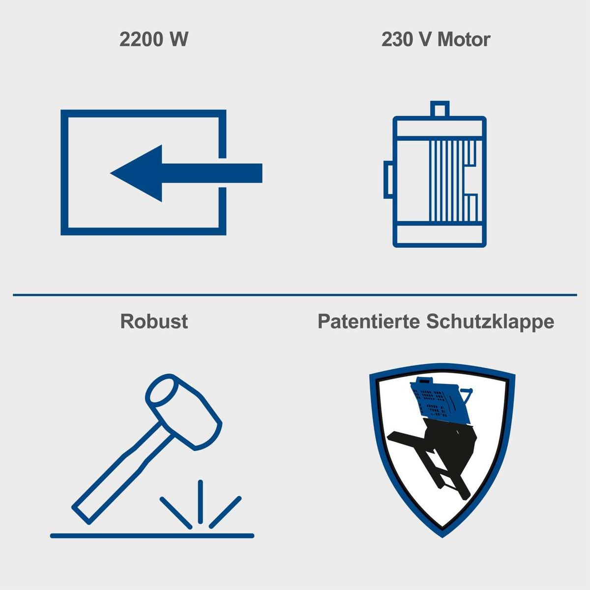 Wippsäge HS410 mit 2200W Motor, 230V, robustem Design und patentierter Schutzklappe. Ideal für präzises Schneiden von Holz.