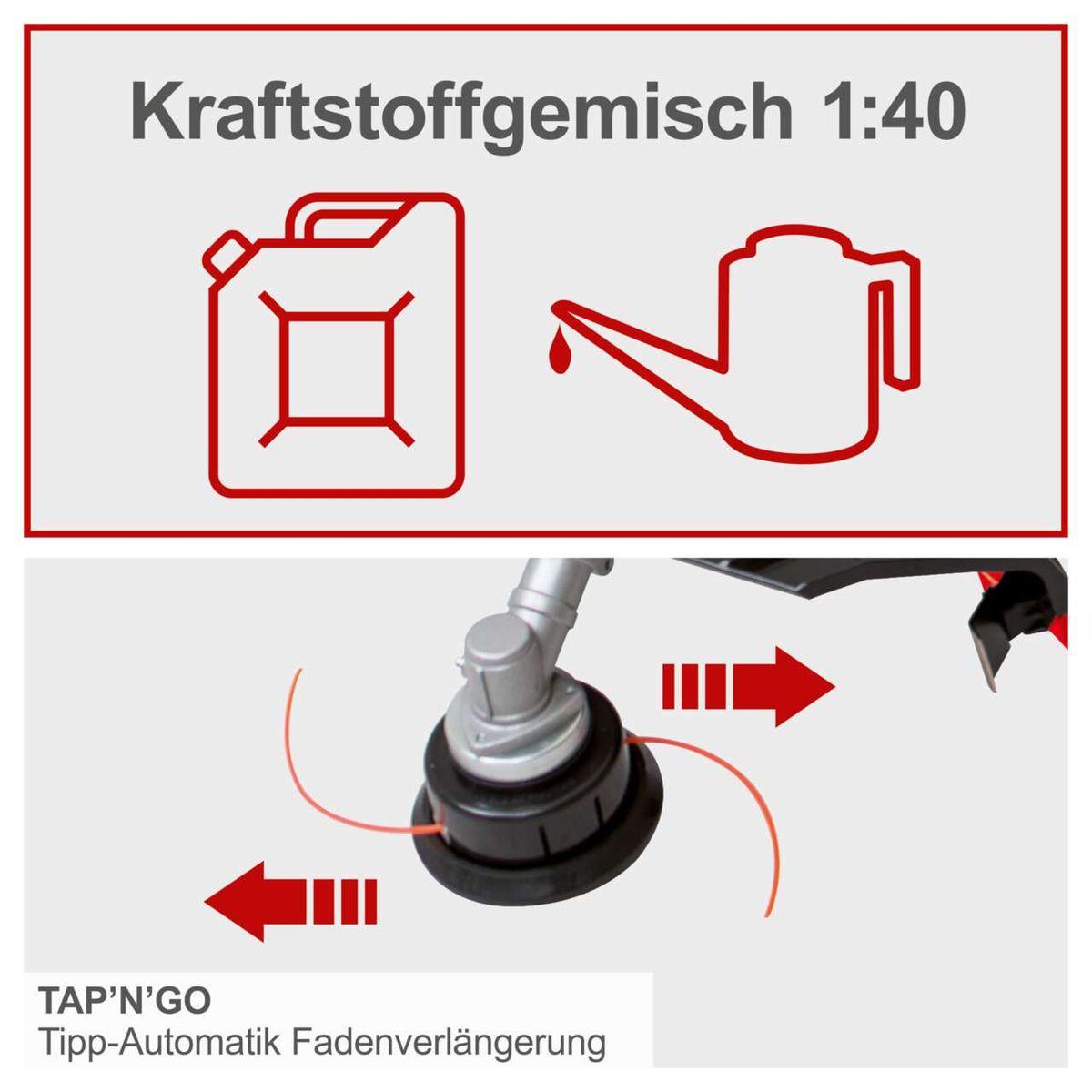 Das Bild zeigt wichtige Merkmale des 4in1 Multigartengeräts MFH5300-4BP von Scheppach. Es verwendet ein Kraftstoffgemisch von 1:40 und verfügt über eine TAP’N’GO Tipp-Automatik Fadenverlängerung.