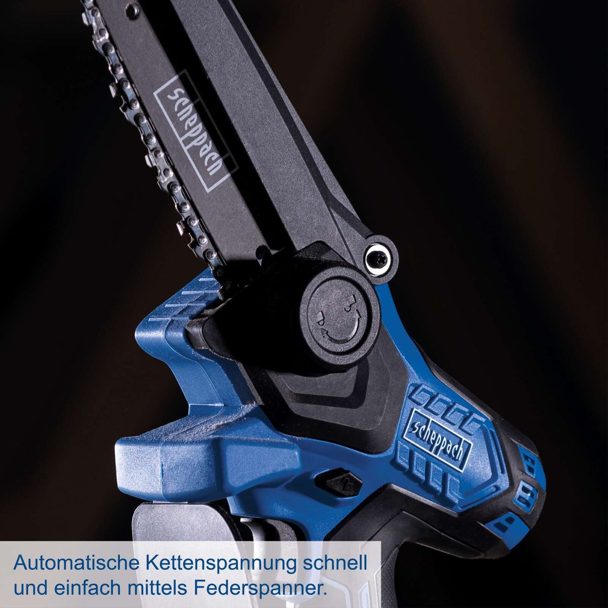 Scheppach Akku-Gehölzschneider mit automatischer Kettenspannung über Federspanner