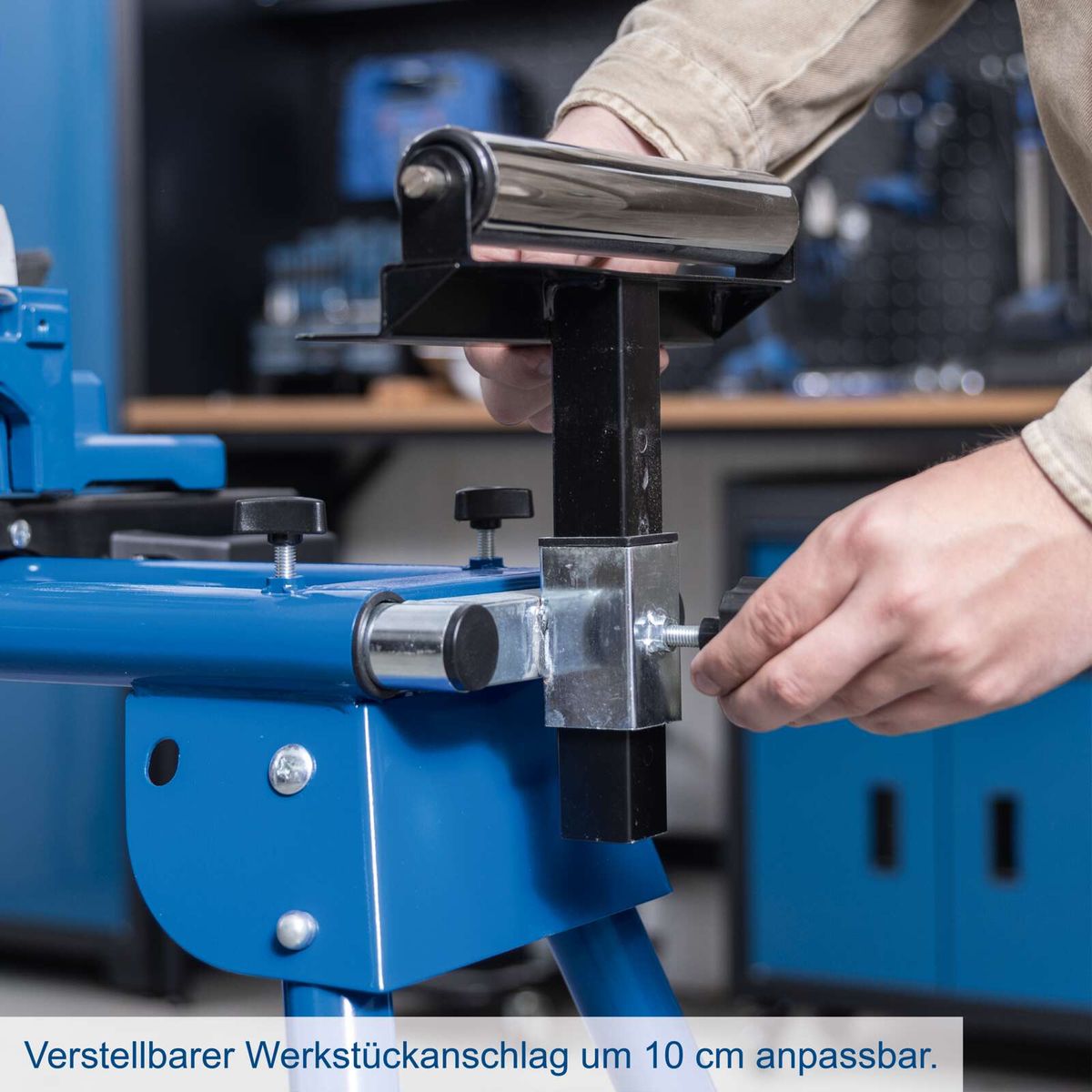 Verstellbarer Werkstückanschlag mit 10 cm Anpassungsmöglichkeit für präzise Positionierung