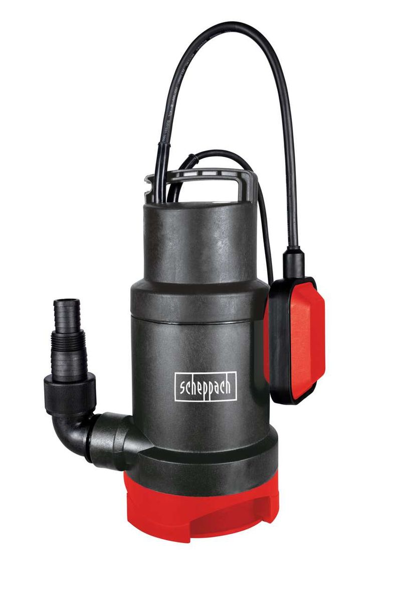 Scheppach Schmutzwassertauchpumpe SWP800-2, Ansicht von vorne. Der Pumpenkopf ist schwarz und der Pumpenfuß ist rot. Die Pumpe hat einen schwarzen Schlauchanschluss und einen roten Schwimmerschalter.