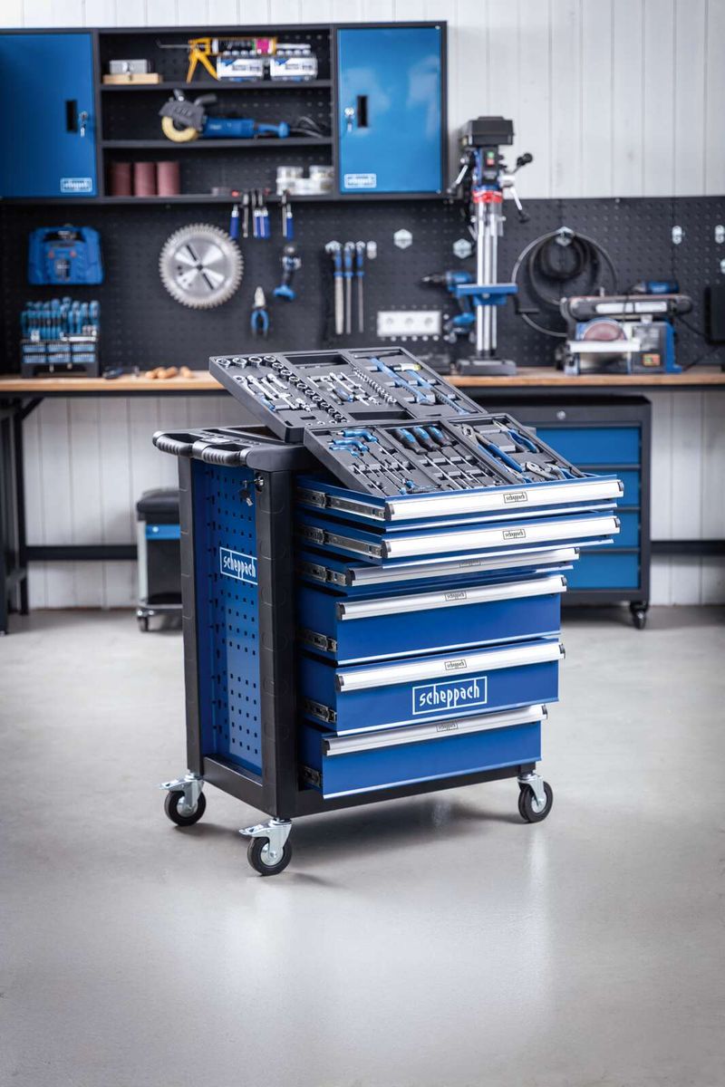 Werkstattwagen mit Scheppach-Schubladen für Werkzeuge, inkl. oberer Organisationsbox