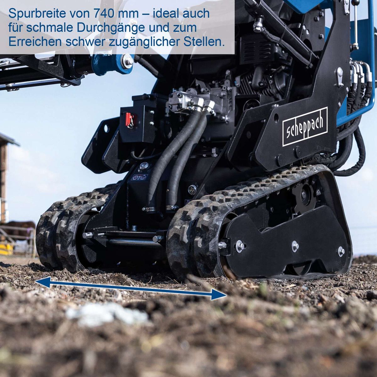 Der Scheppach Kompaktlader MKL730 hat eine Spurbreite von 740 mm, ideal für schmale Durchgänge und schwer zugängliche Stellen.