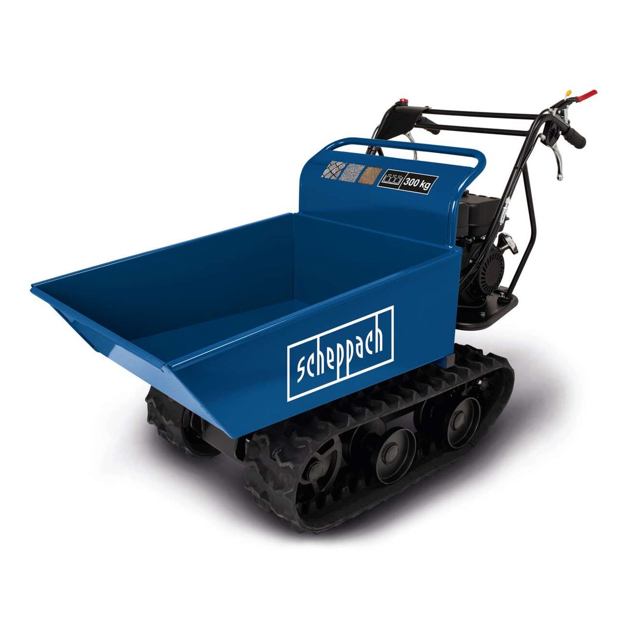 Scheppach Dumper DP4000 mit 300 kg Tragfähigkeit, 5,5 PS (4,1 kW) und 196 ccm Hubraum. Ausrüstung für verschiedene Bodenbeläge inklusive.