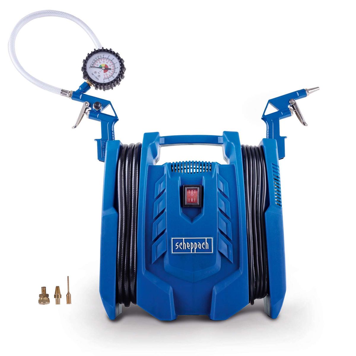 The Scheppach Air Compressor AirForce 7 with 8 bar working pressure, 180 L/min, oil-free and portable. Includes tyre inflator, air pistol and adapter. 4m hose & accessories.