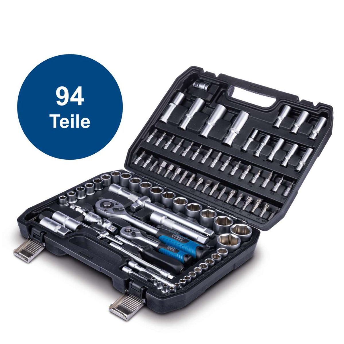 Werkzeugkoffer TB 97 Scheppach mit 94 Teilen. Enthält verschiedene Stecknüsse, Ratschenschlüssel und Aufsätze. Ideal für Heimwerker und Profis.