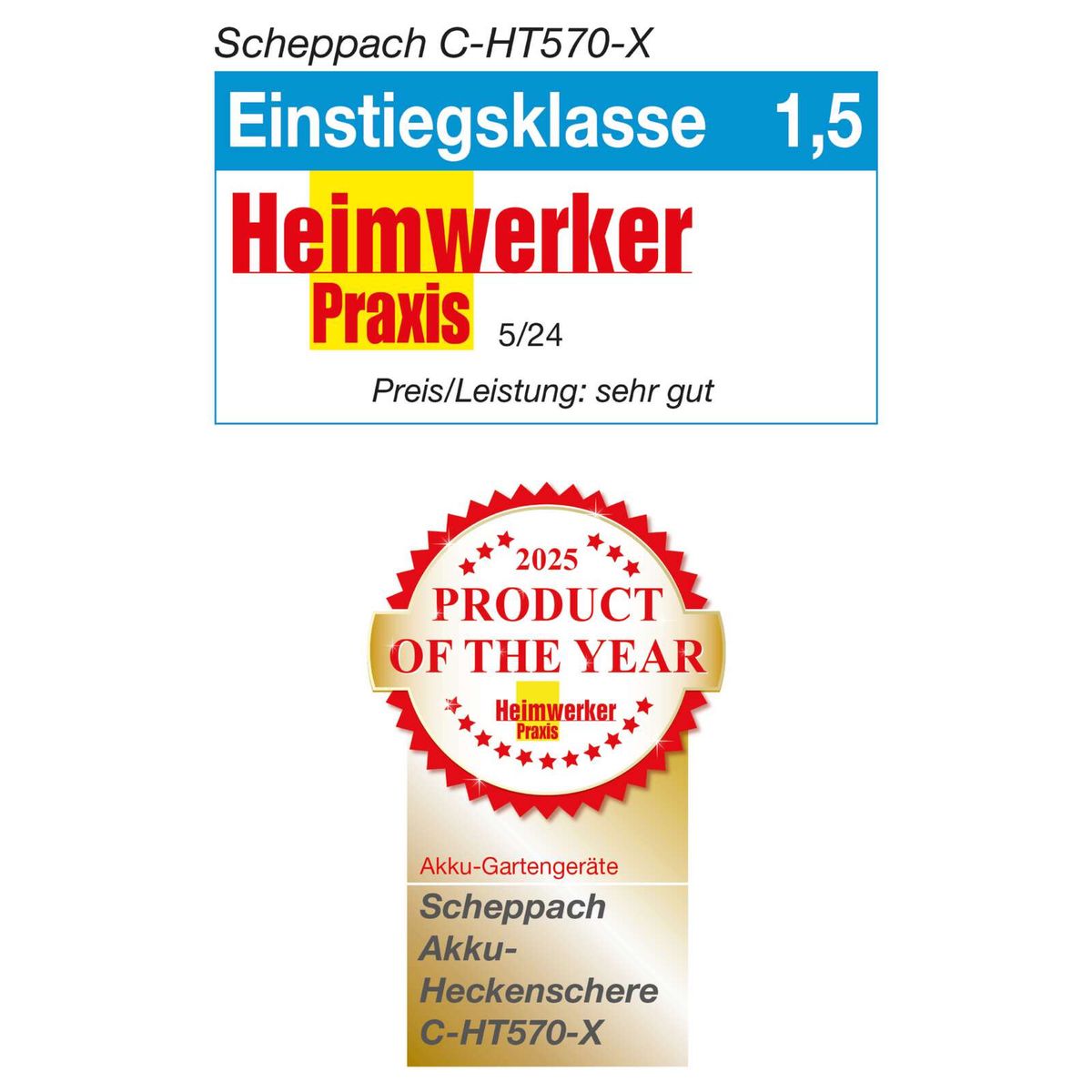 Scheppach Akku-Heckenschere C-HT570-X mit Preisbewertung als Produkt des Jahres 2025 und Einstufung als Einsteigerklasse 1,5