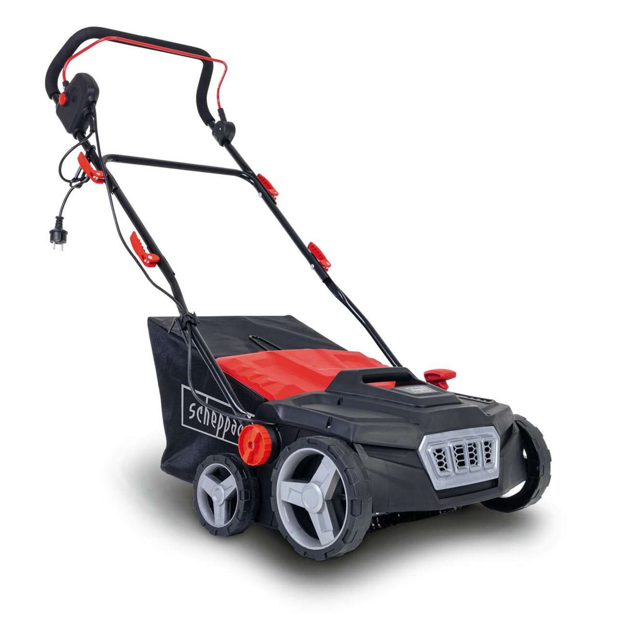 Elektro Kehrmaschine ELS1800 Scheppach mit 1800W Leistung, 230V Spannung, 36cm Arbeitsbreite, 45L Fangkorb und Spiralbürste. Gezeigt von der Seite.