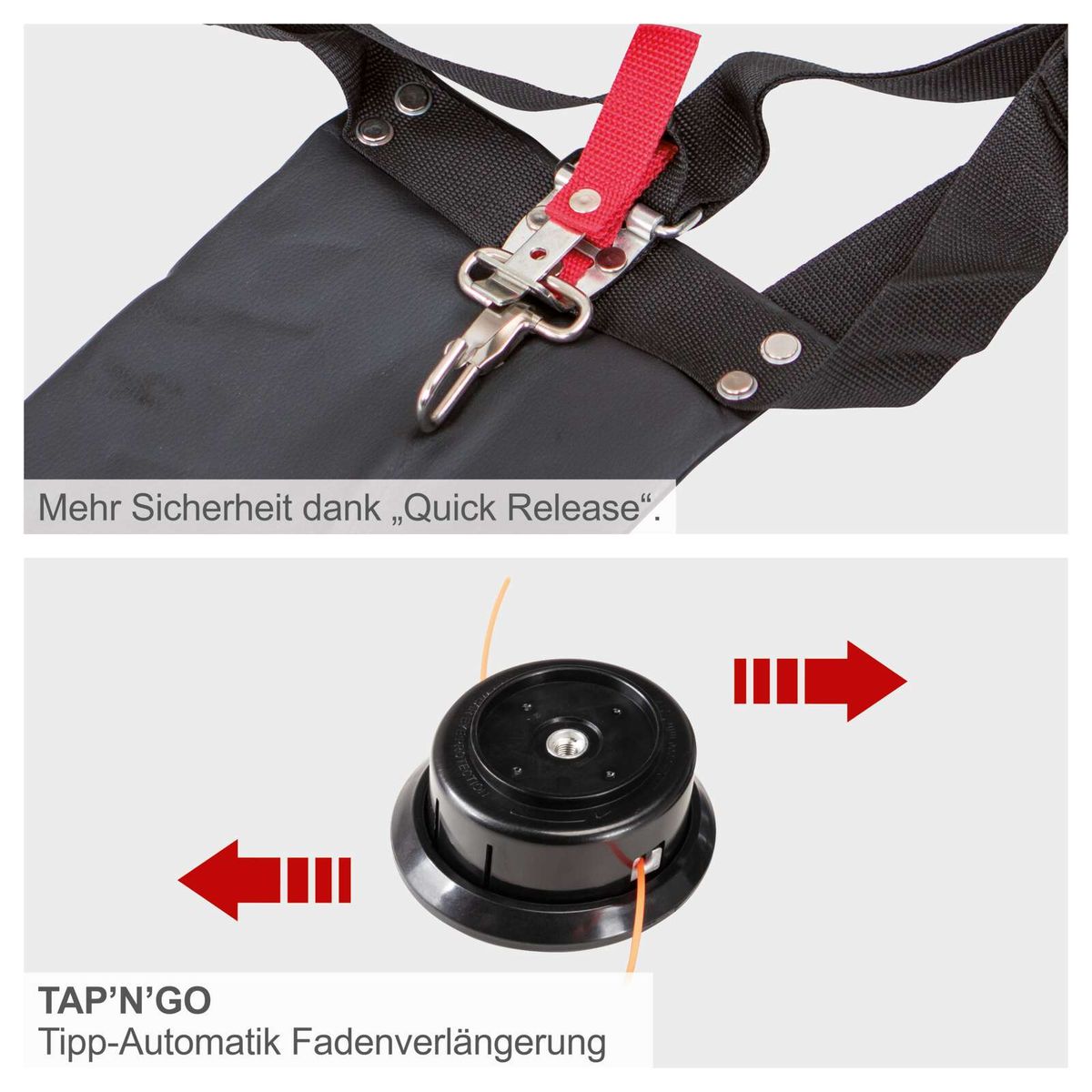 Das Benzin-Multifunktionsgerät MFH5200-4P Scheppach bietet mehr Sicherheit durch den 'Quick Release'-Mechanismus und eine 'Tap‘N‘Go'-Tipp-Automatik Fadenverlängerung.