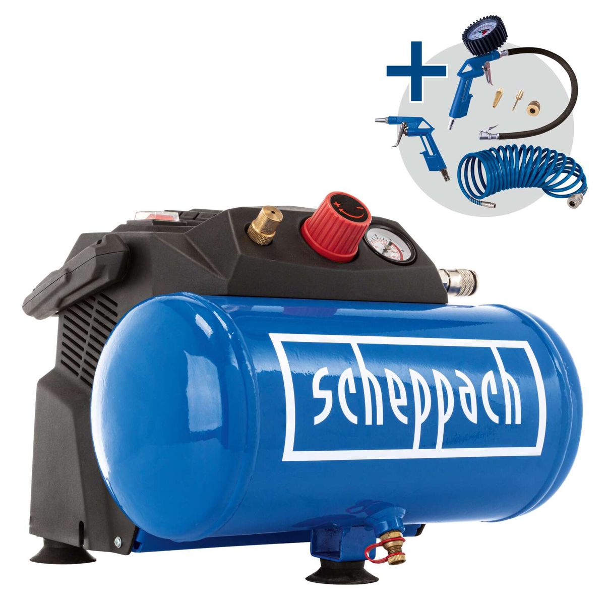 Scheppach-Kompressor mit 6-Liter-Kessel, 8 bar Druck, ölfrei, inkl. Zubehör und 5 Meter Schlauch
