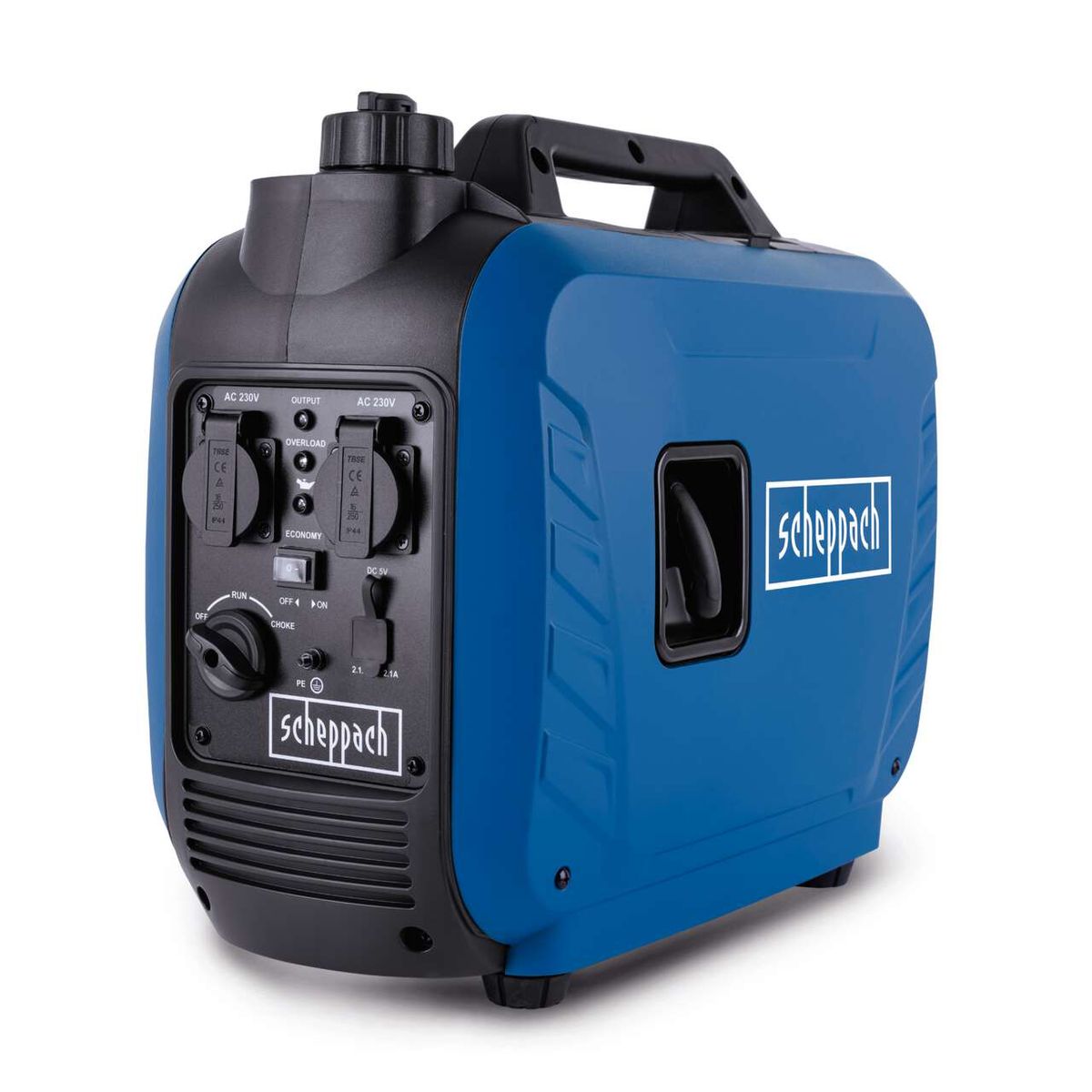 Scheppach Inverter-Stromerzeuger SG2500i mit 230V-Ausgängen und USB-Ladung, Rückseite mit Steckdosen und Schalter