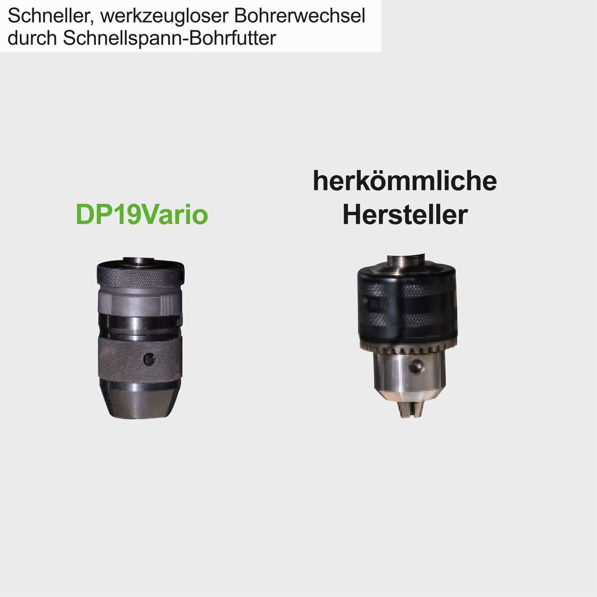 Schneller, werkzeugloser Bohrerwechsel durch Schnellspann-Bohrfutter. DP19Vario-Bohrfutter im Vergleich zu herkömmlichen Bohrfuttern.