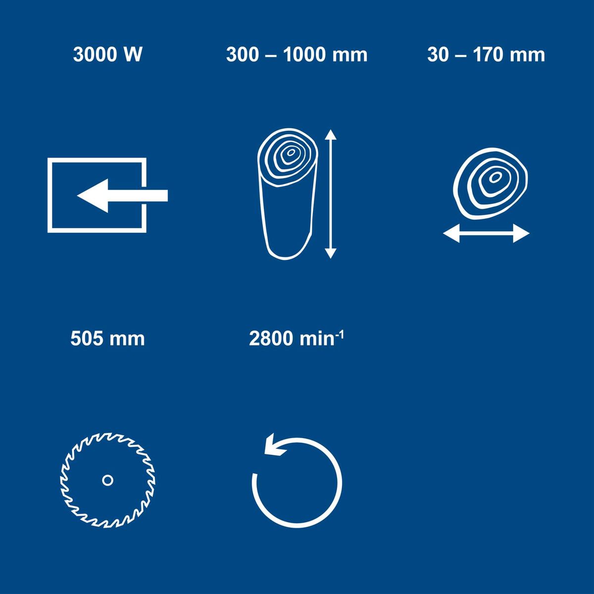 Technische Datenblätter für Wippkreissäge: 3000 Watt, Schnittlänge 300–1000 mm, Schnittdurchmesser 170 mm, 505 mm Sägeblatt, 28000 min⁻¹