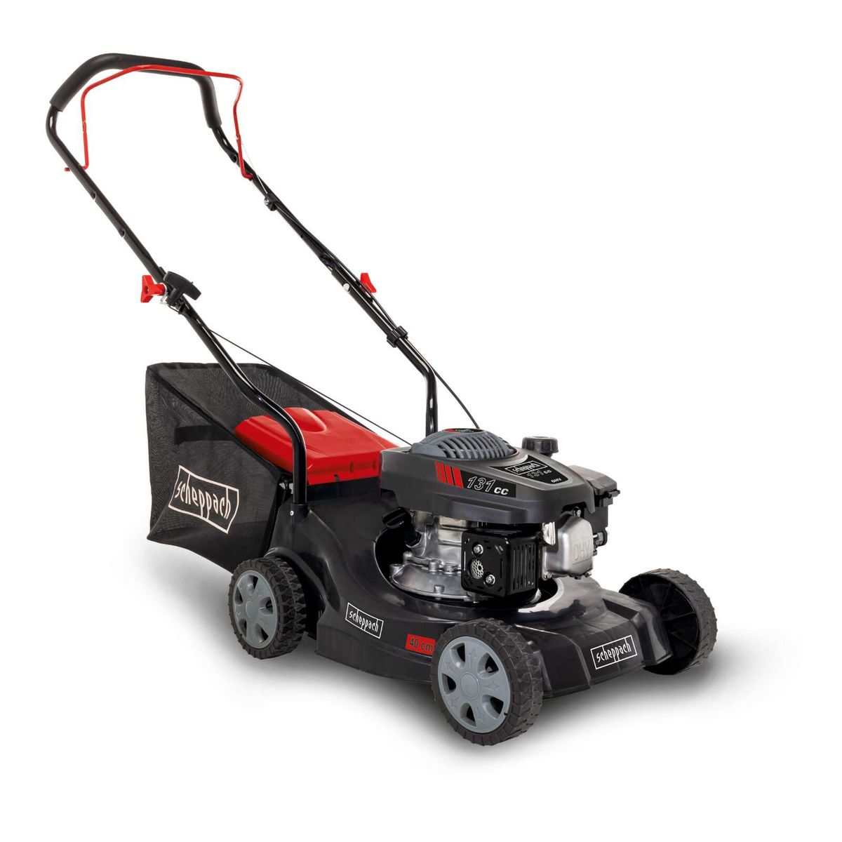 Scheppach petrol push lawnmower MP132-40 with 3.3 HP, 40 cm cutting width, 45L grass bag and adjustable cutting height. Shown from the side.