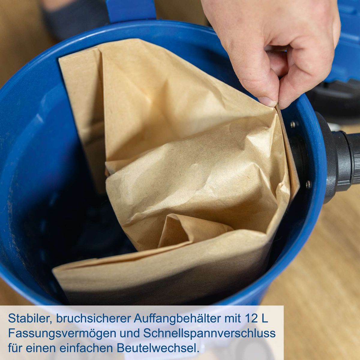 Stabiler Auffangbehälter mit 12-Liter-Fassungsvermögen und schnellem Verschluss für Beutelwechsel