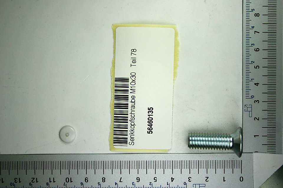 Scheppach-Senkkopfschraube (Teil 78) M10x30 mit Beschriftung und Barcode