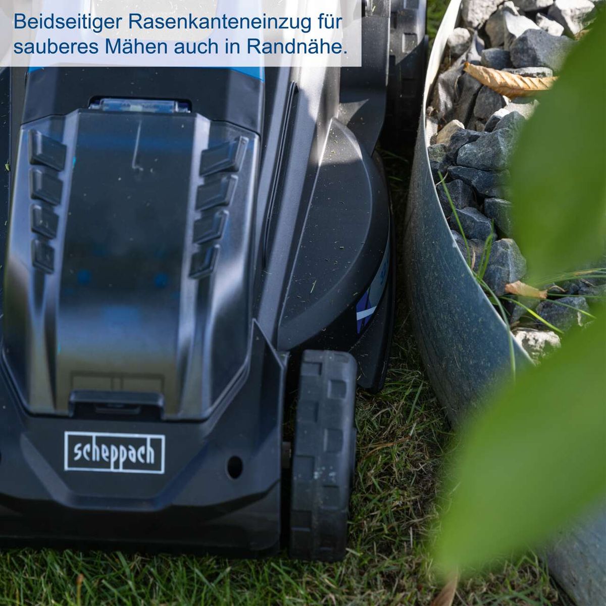 Der Akku-Rasenmäher BC-MP320-X von Scheppach von Scheppach verfügt über einen beidseitigen Rasenkanteneinzug für sauberes Mähen auch in Randnähe.