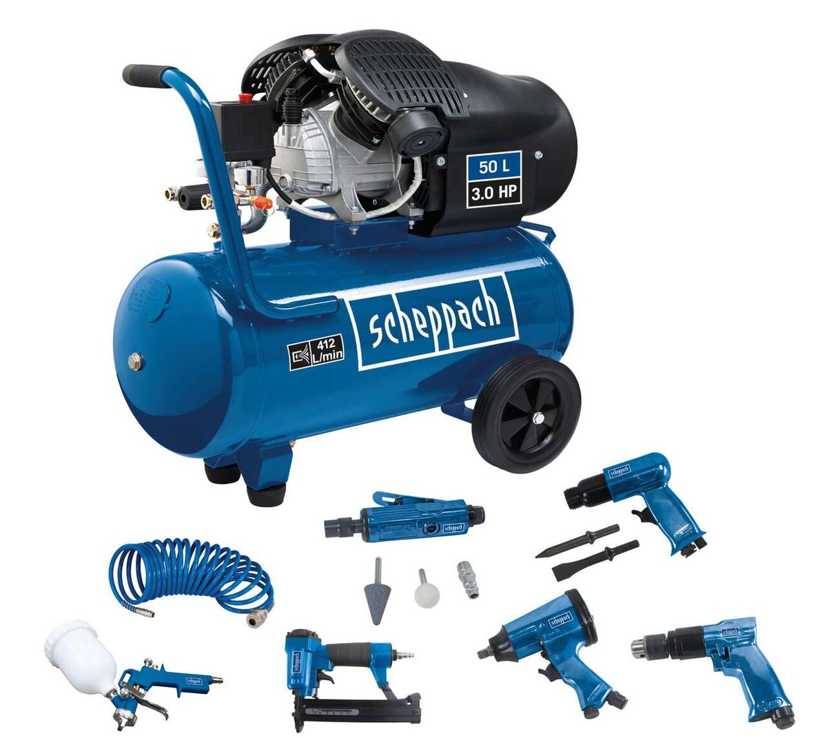 Kompressor SET GK520DCZ von Scheppach mit Zubehör. Gezeigt von der Seite.