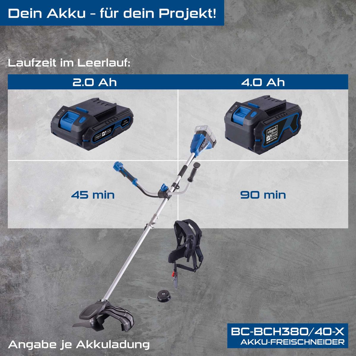 Scheppach Akku-Freischneider mit Akkudaten: Laufzeit 45 Minuten (2,0 Ah) und 90 Minuten (4,0 Ah), BC-BCH380/40-X