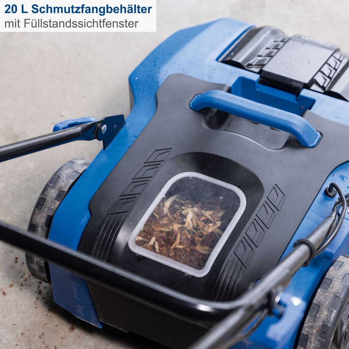 Die Akku-Kehrmaschine C-S610-X von Scheppach verfügt über einen 20-Liter-Schmutzfangbehälter mit Füllstandsanzeige.