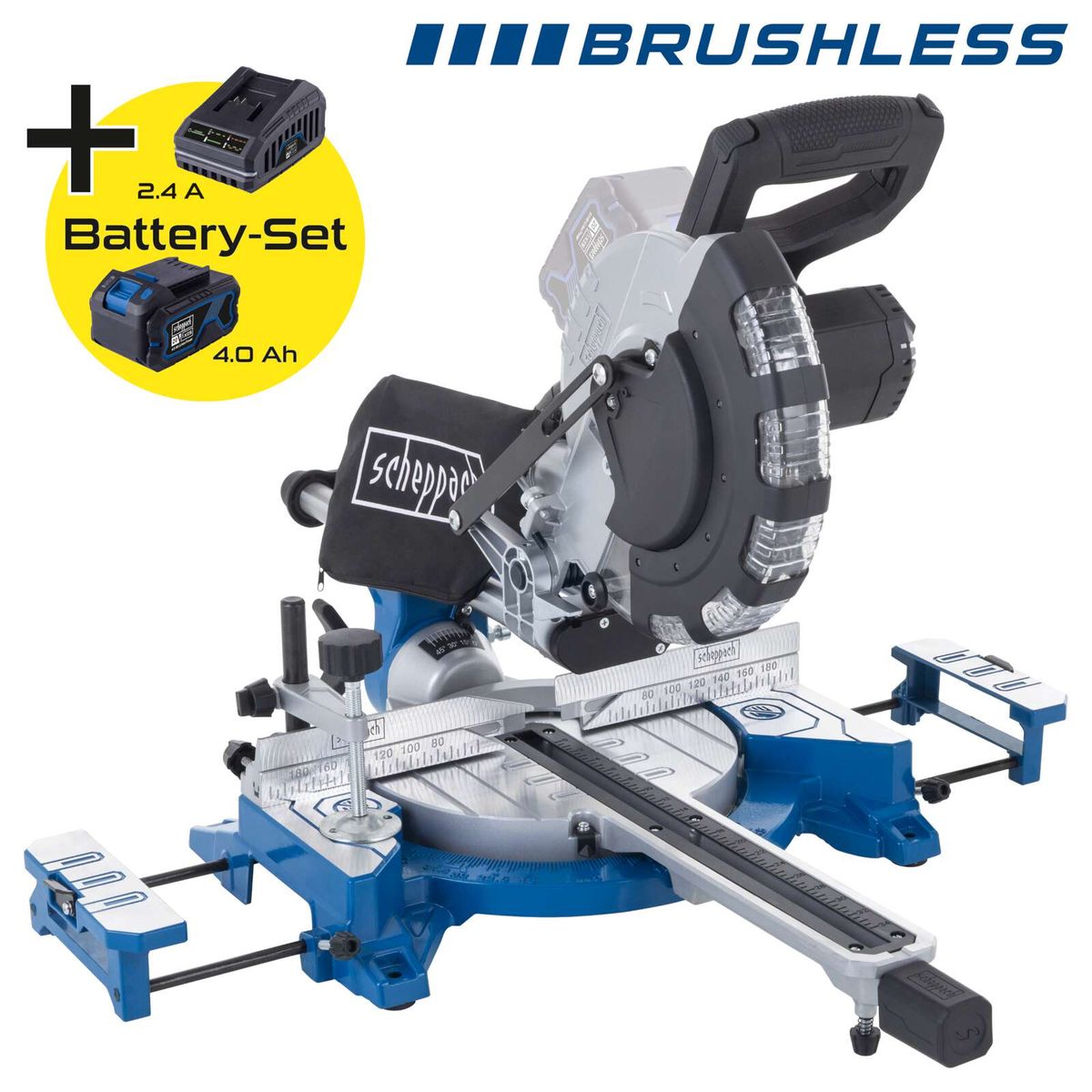 Scheppach Akku-Kapp-, Zug- und Gehrungssäge mit LED-Licht und Akkuset inkl. 4Ah-Batterie und Ladegerät
