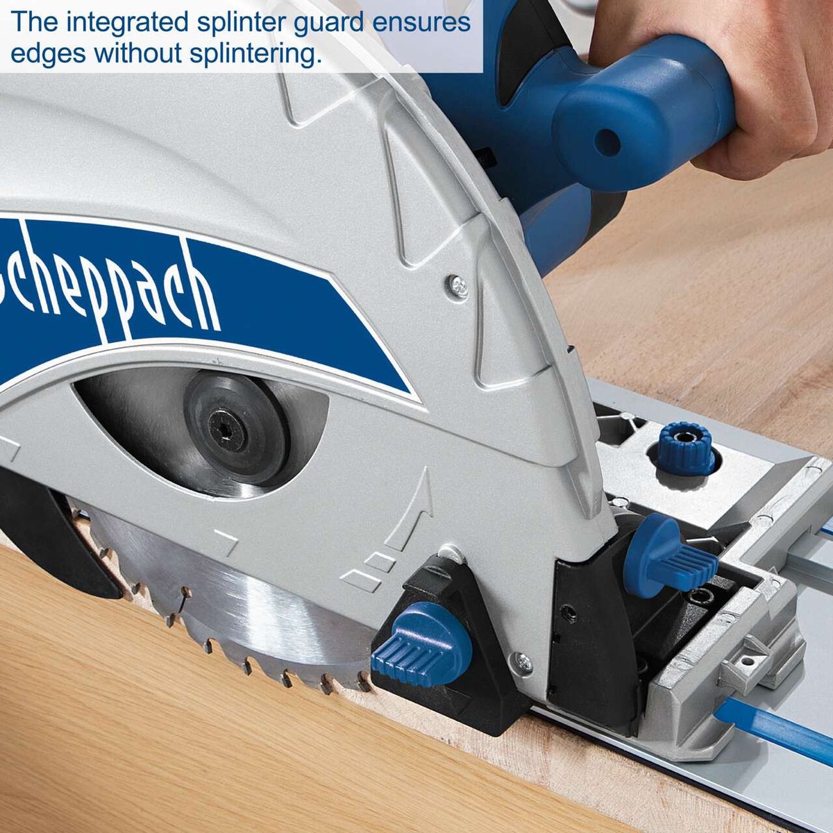 The integrated splinter guard of the Scheppach PL75 plunge saw ensures clean edges without splintering. The saw features a blade with a diameter of 210 mm and 36 teeth.