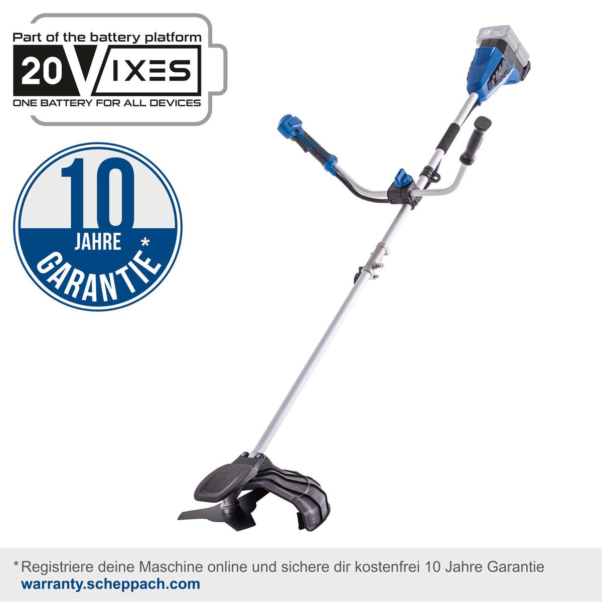 Scheppach Akku-Freischneider mit 10-jähriger Garantie, 20V-Batterieplattform, Schultergurtbefestigung, 10-Jahre-Garantie online registrierbar