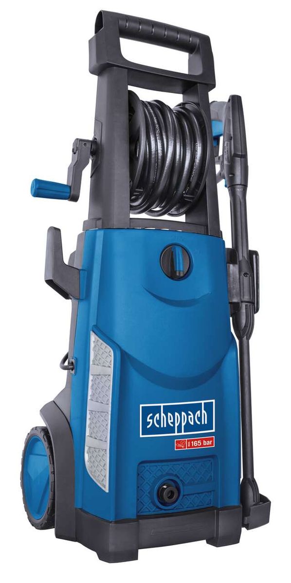 Hochdruckreiniger HCE2200 von Scheppach, gezeigt von der Seite. Der Reiniger hat einen blauen und schwarzen Körper mit einem schwarzen Griff und einem schwarzen Schlauch. Der Druck beträgt 165 bar.
