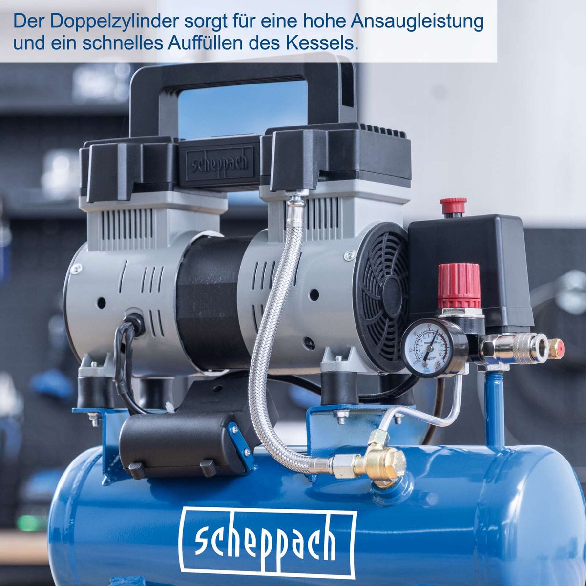 Der Scheppach Kompressor HC08Si verfügt über einen Doppelzylinder für hohe Ansaugleistung und schnelles Auffüllen des Kessels.