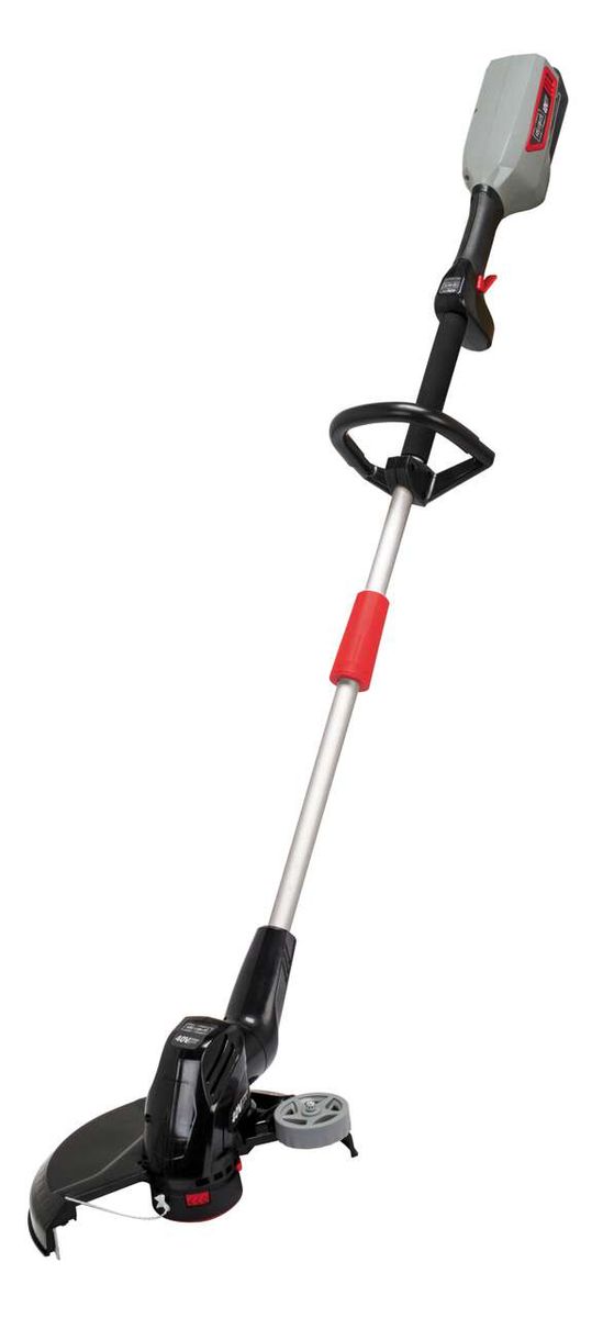 Akku Rasentrimmer BCH3300-40Li von Scheppach, seitlich fotografiert. Der Rasentrimmer hat einen schwarzen Griff mit rotem Handschutz und eine schwarze Schneidspule.