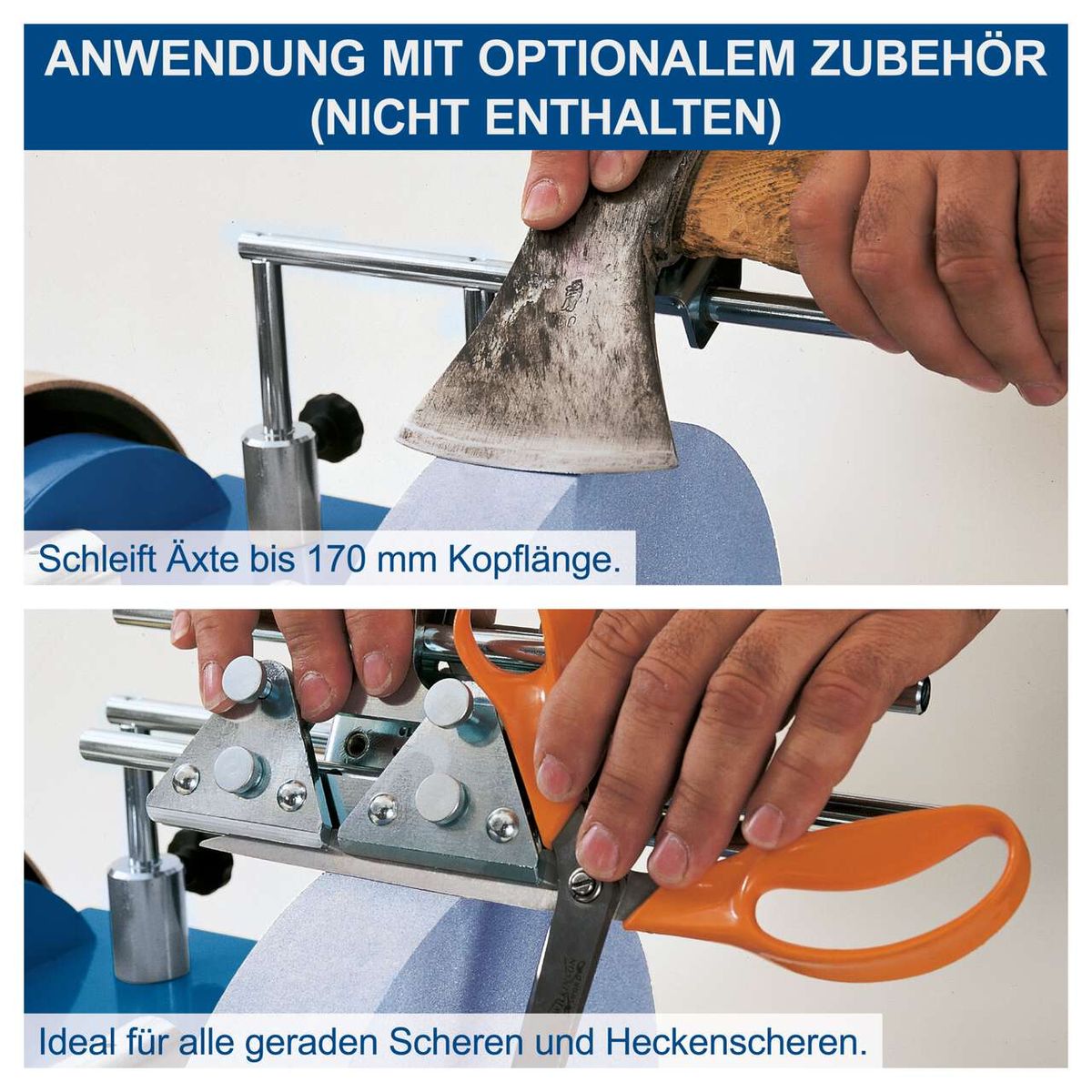 Das Nass-Schleifsystem TIGER 2500 von Scheppach schärft Äxte bis 170 mm Kopflänge und ist ideal für alle geraden Scheren und Heckenscheren. Optional kann weiteres Zubehör verwendet werden, welches nicht enthalten ist.